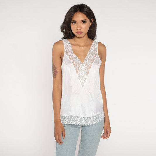 80s White Lace Camisole V-Neck Tank Top Lingerie Large L