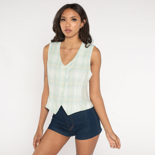 70s Green White Plaid Button-Up Vest Sleeveless Waistcoat Small