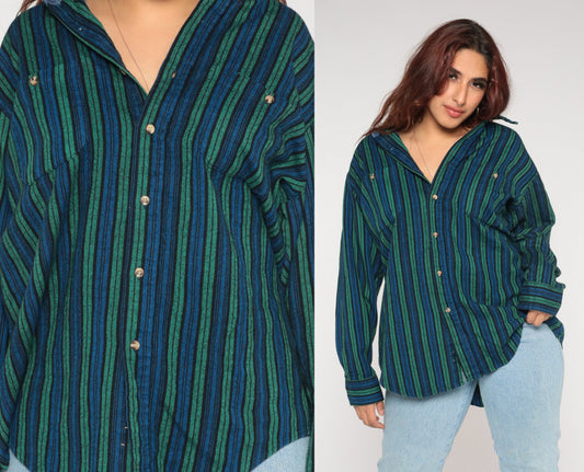 90s Woven Striped Button-Up Shirt Blue Green Long Sleeve Collared Extra Large