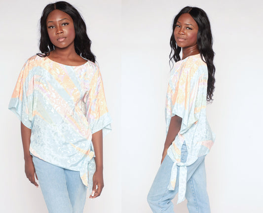 80s Pastel Striped Blouse Blue Orange Embossed Wide Sleeve Side Tie Medium