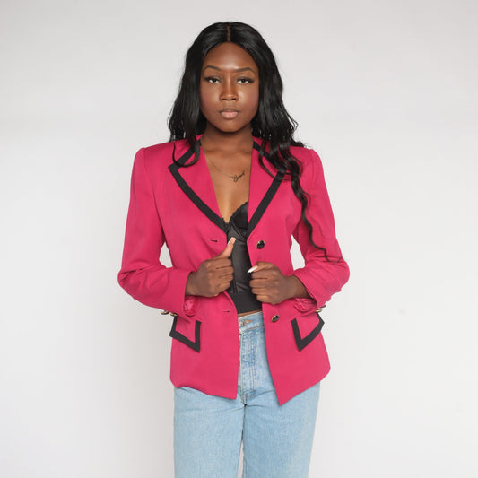 90s Hot Pink Blazer Black Trim Button Up Jacket Small S