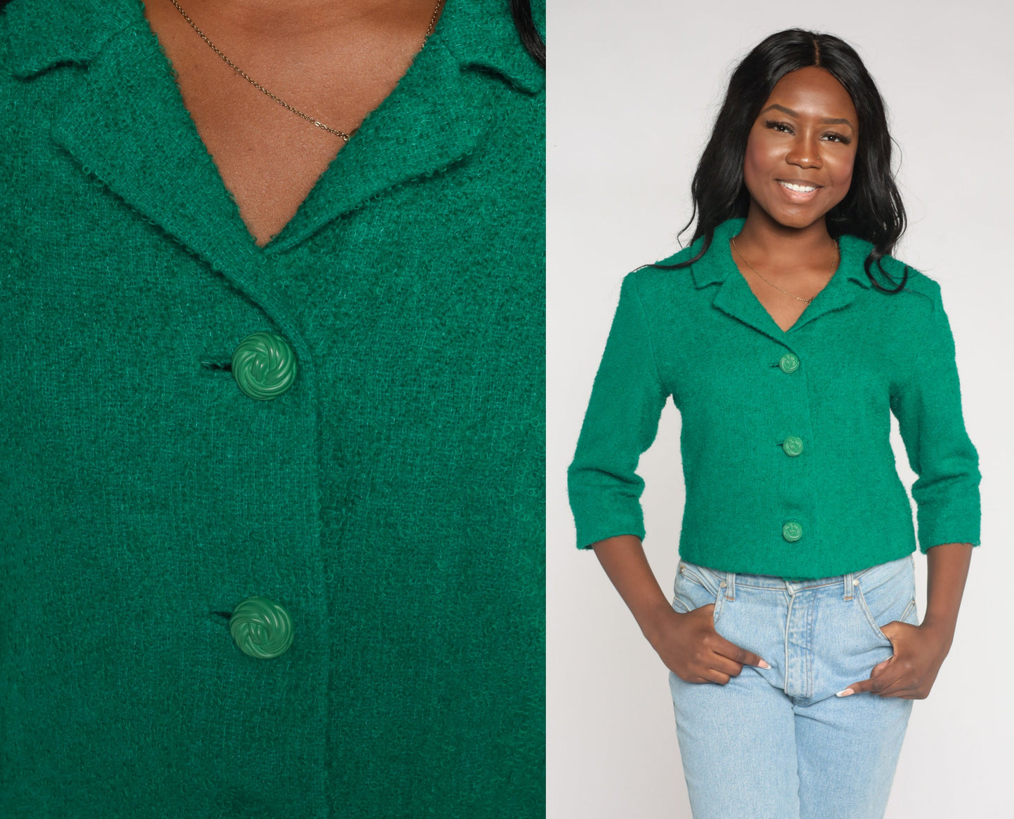 60s R & K Originals Green Wool Blend Blazer Cropped 3/4 Sleeve Small