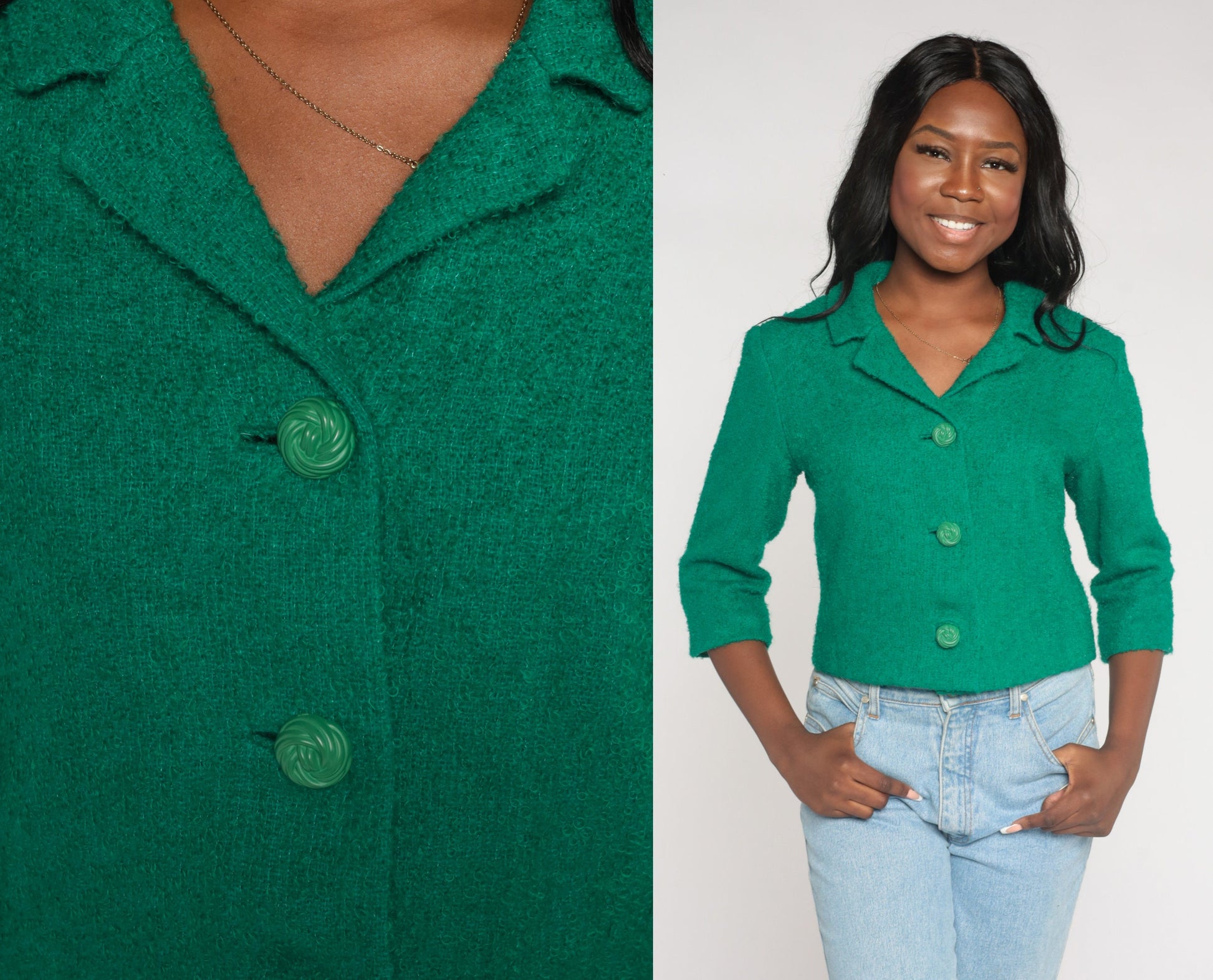 60s R & K Originals Green Wool Blend Blazer Cropped 3/4 Sleeve Small
