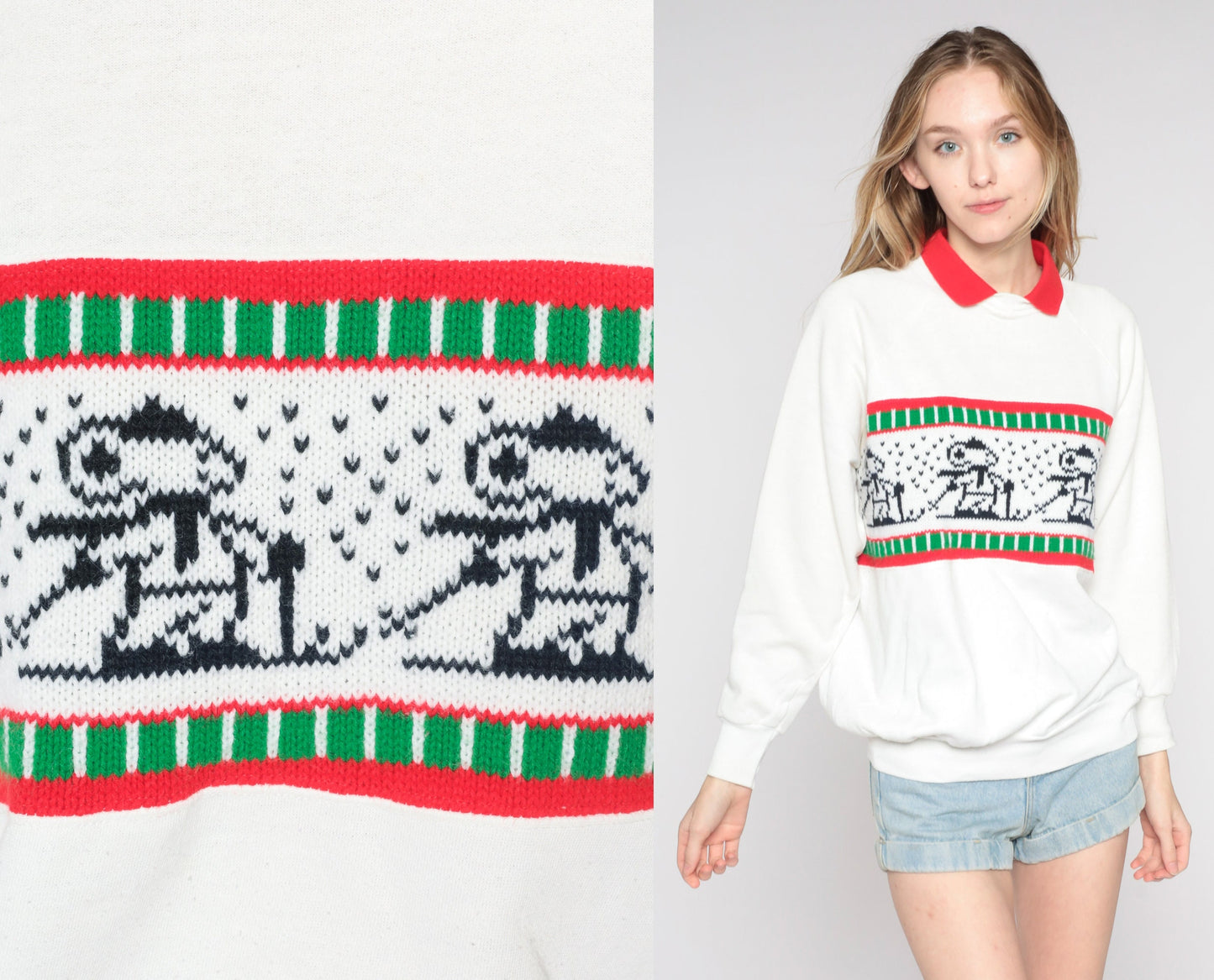 80s Mouse Ski Sweatshirt White Collared Graphic Raglan Large L