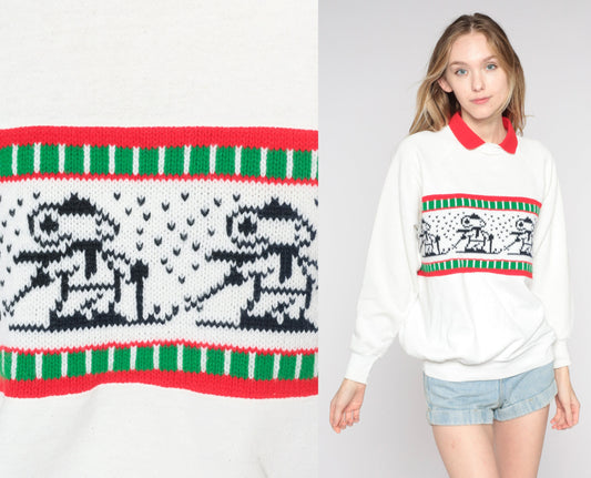 80s Mouse Ski Sweatshirt White Collared Graphic Raglan Large L