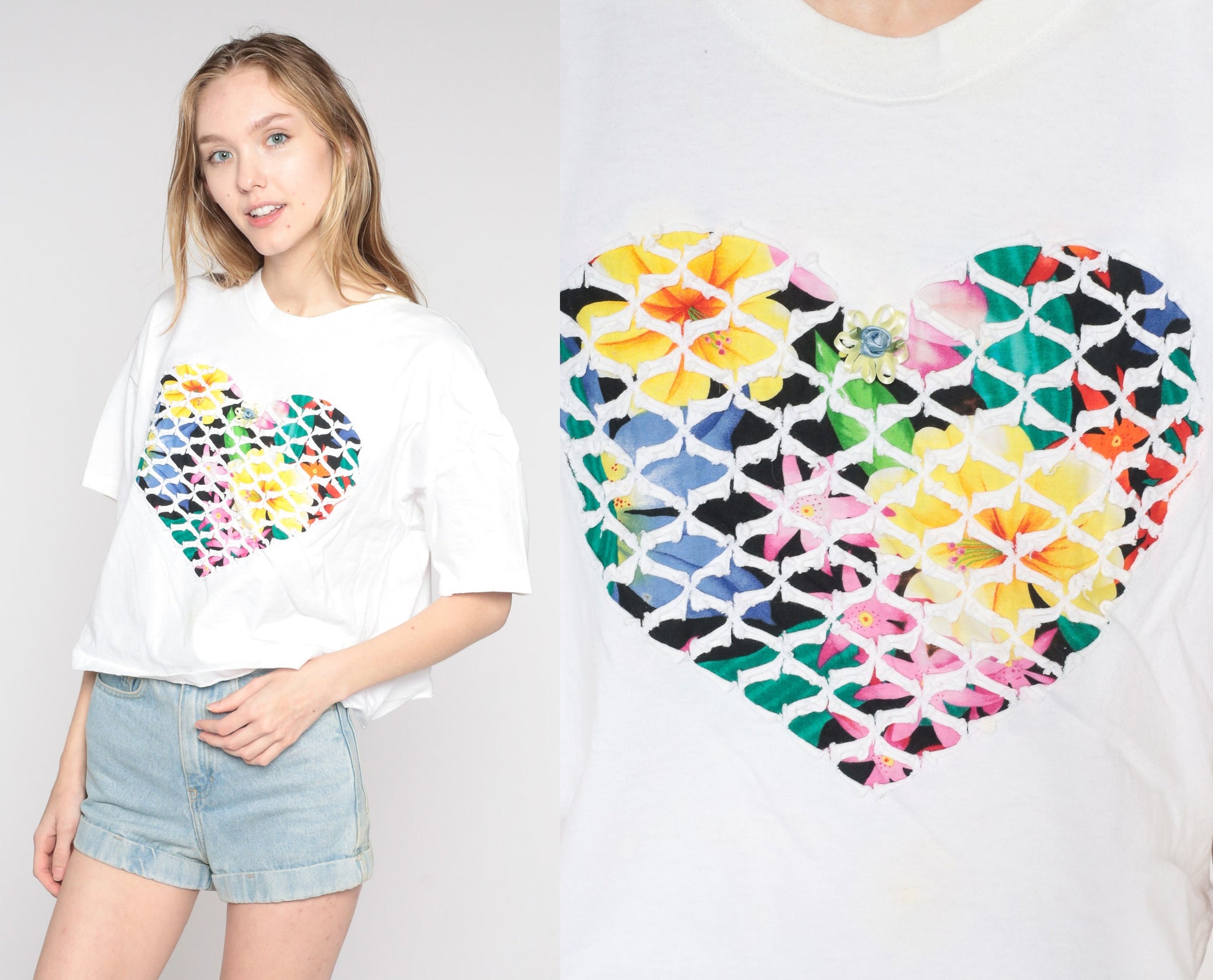 90s Floral Heart Graphic T-Shirt White Single Stitch Rosette Large L