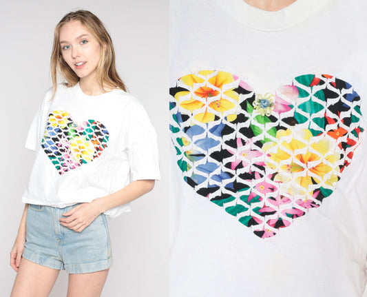 90s Floral Heart Graphic T-Shirt White Single Stitch Rosette Large L