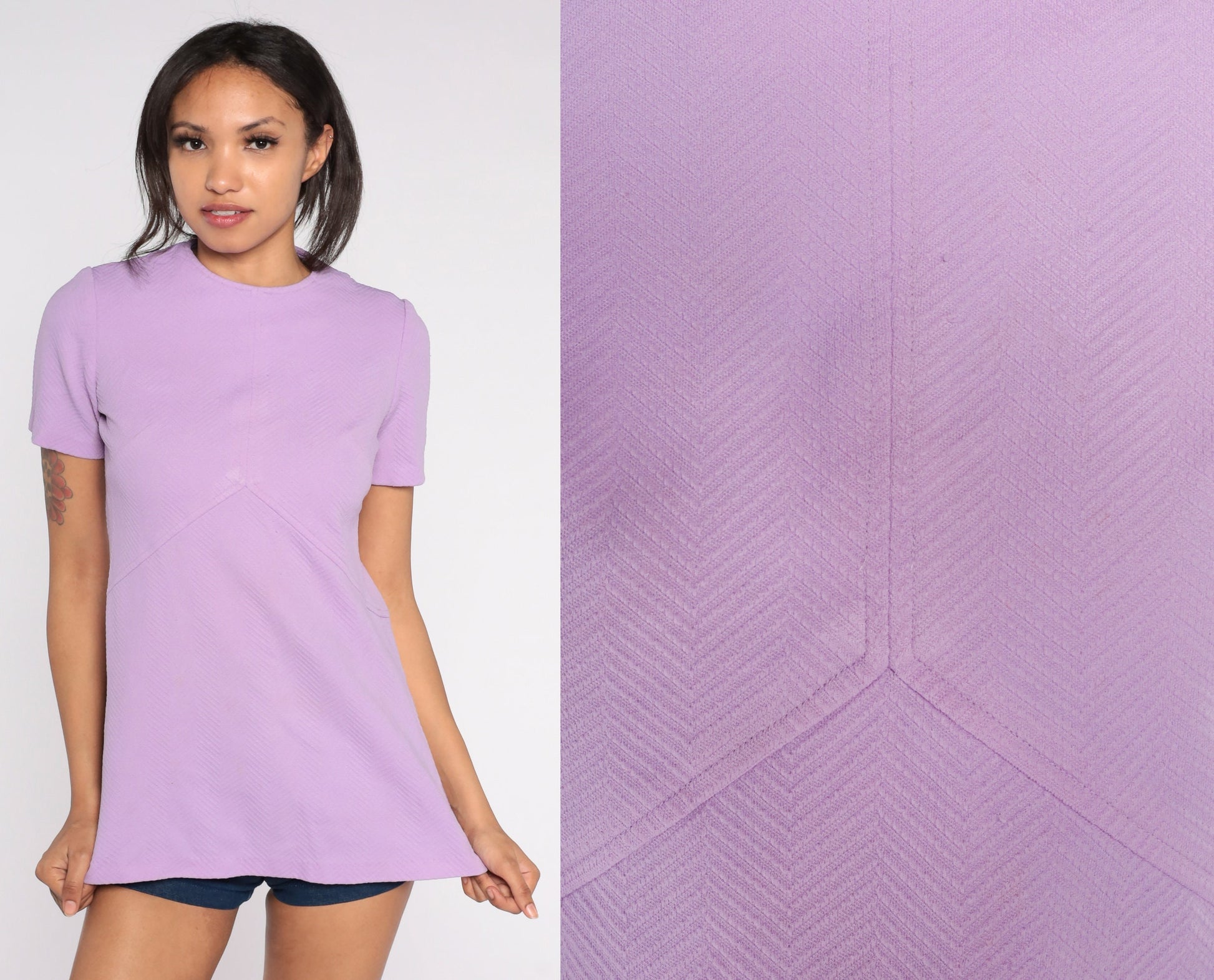 70s Lavender Mod Shirt Short Sleeve Empire Waist Blouse Small S