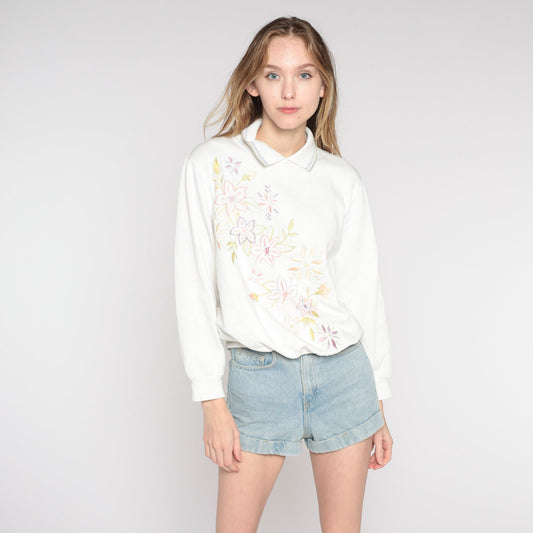 90s Floral Embroidered Collared Sweatshirt White Crewneck Petite Large