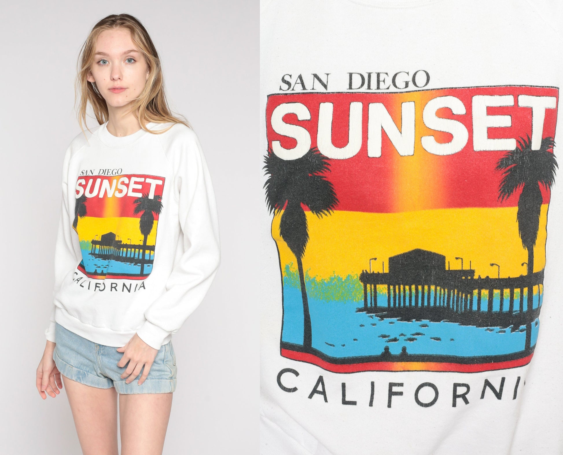 90s San Diego Sunset Palm Tree Raglan Sweatshirt White Graphic Crewneck Medium