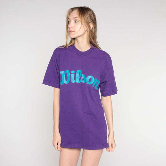 90s Wilson Purple Spellout Graphic T-Shirt Cotton Medium