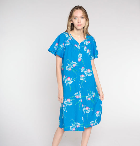 80s Blue Floral Shift Dress Flutter Sleeve Midi Large