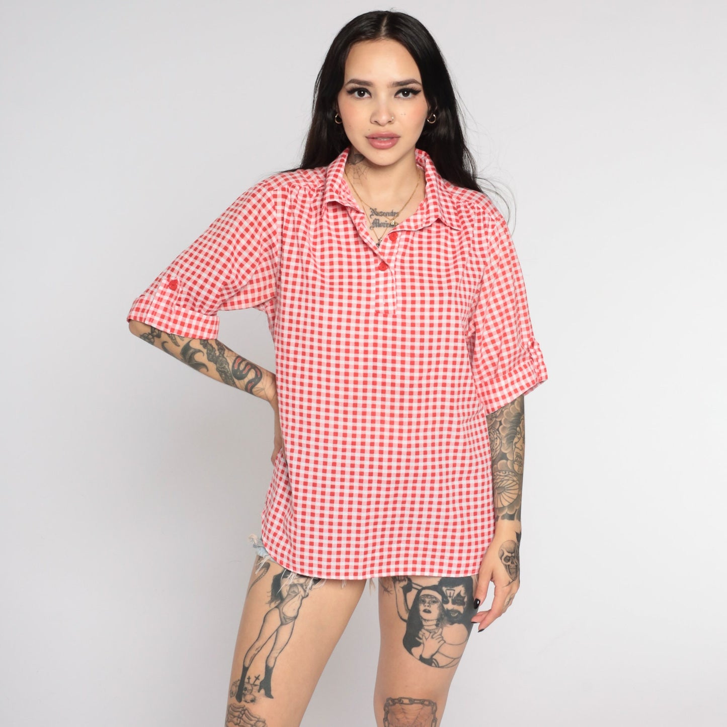 70s Red Gingham Tunic Blouse Short Sleeve Checkered Shirt Medium