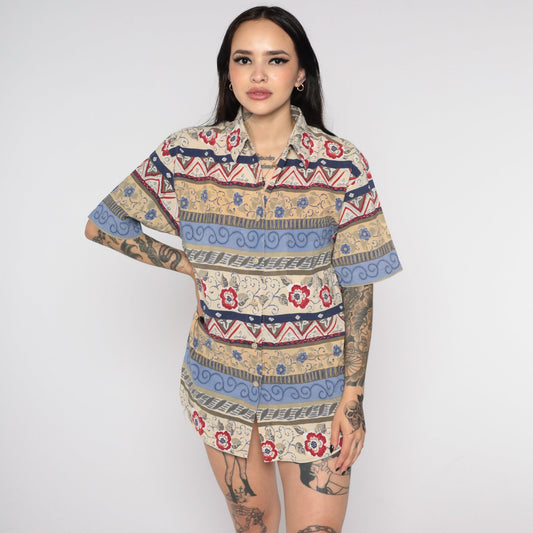 90s Floral Geometric Print Button-Up Blouse Blue Beige Short Sleeve Medium