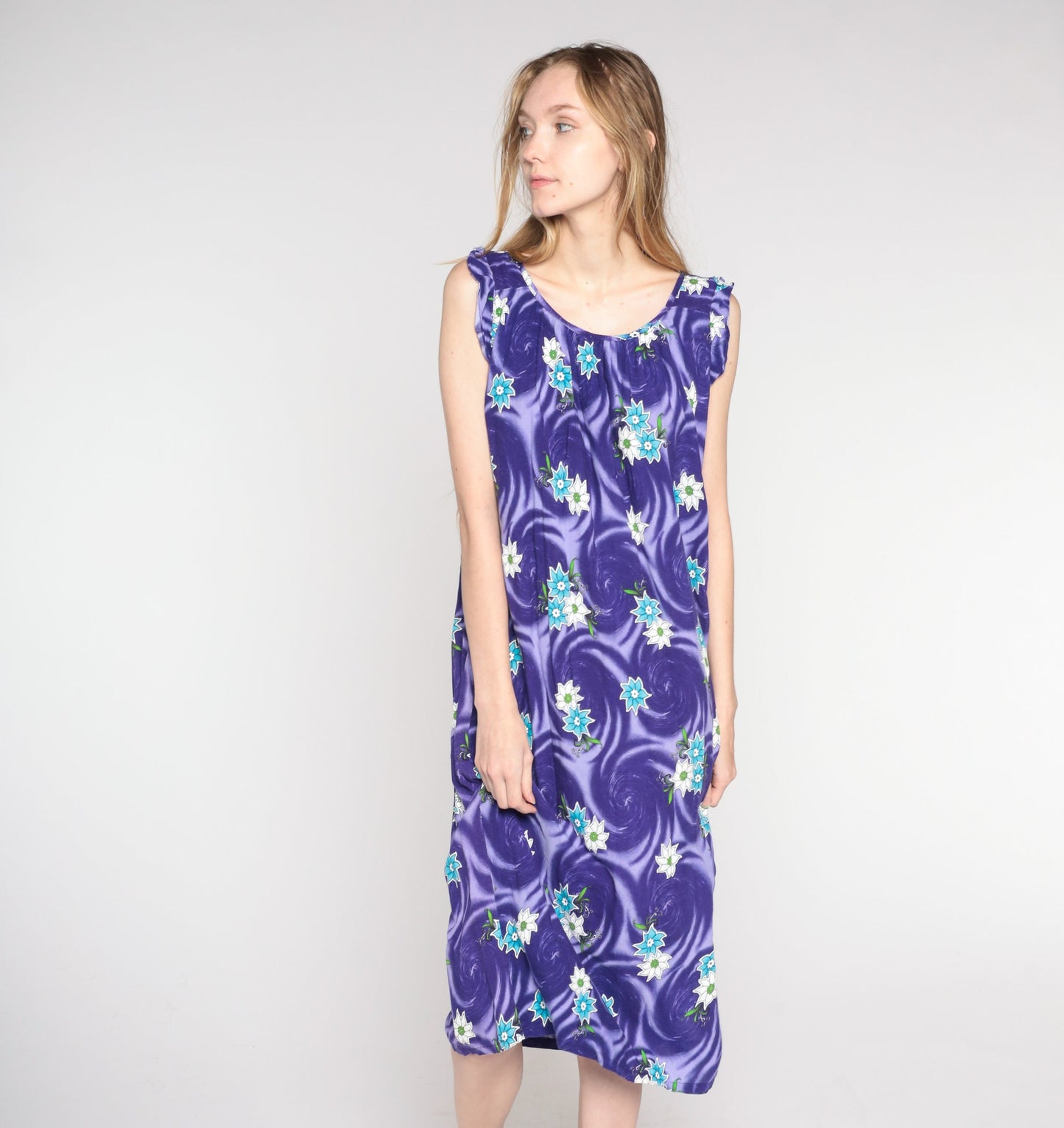 00s Purple Floral Swirl Midi Shift Dress Cap Sleeve Large L