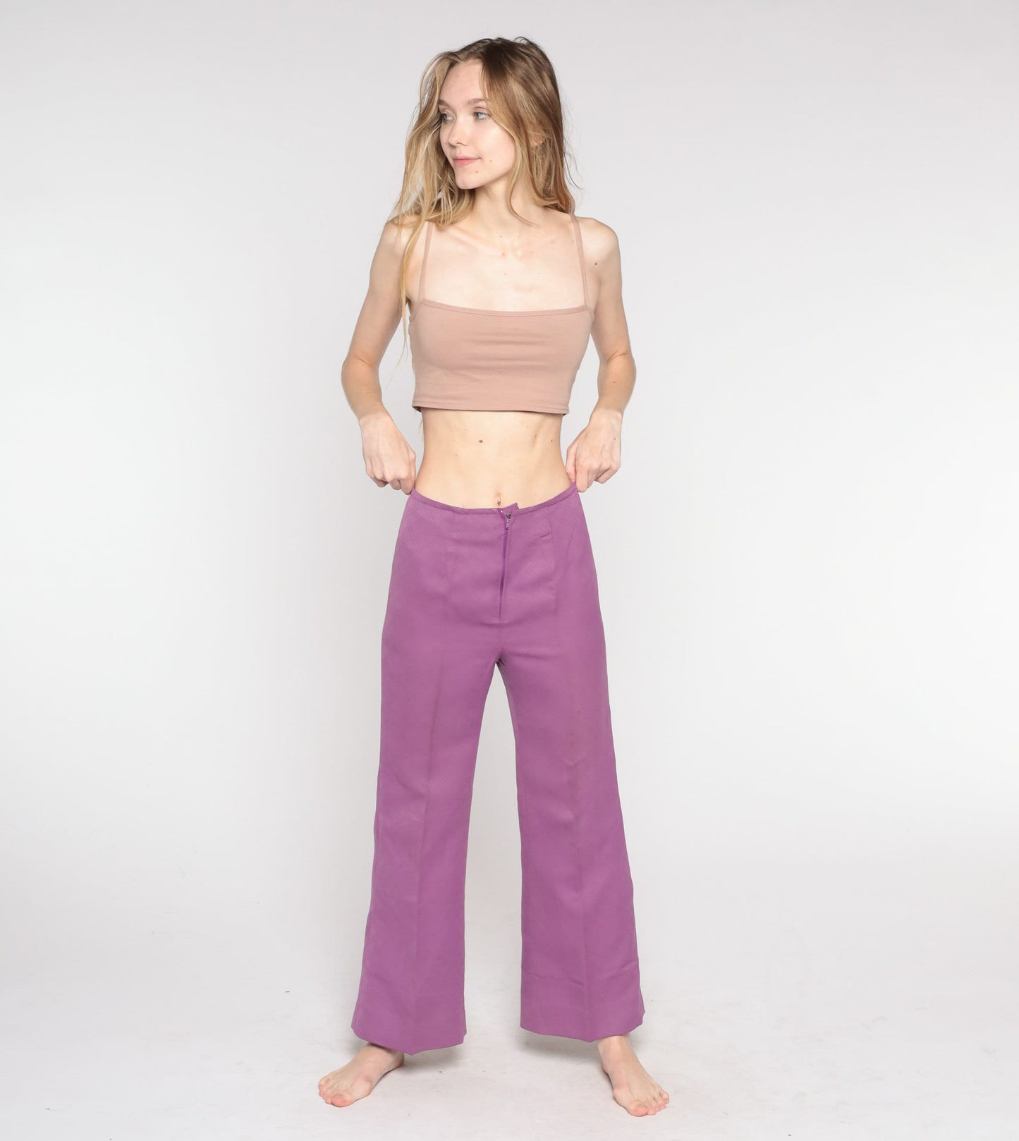 70s Purple Bell Bottom Pants High Waist Wide Leg Trousers Small
