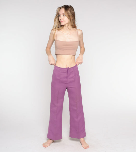 70s Purple Bell Bottom Pants High Waist Wide Leg Trousers Small