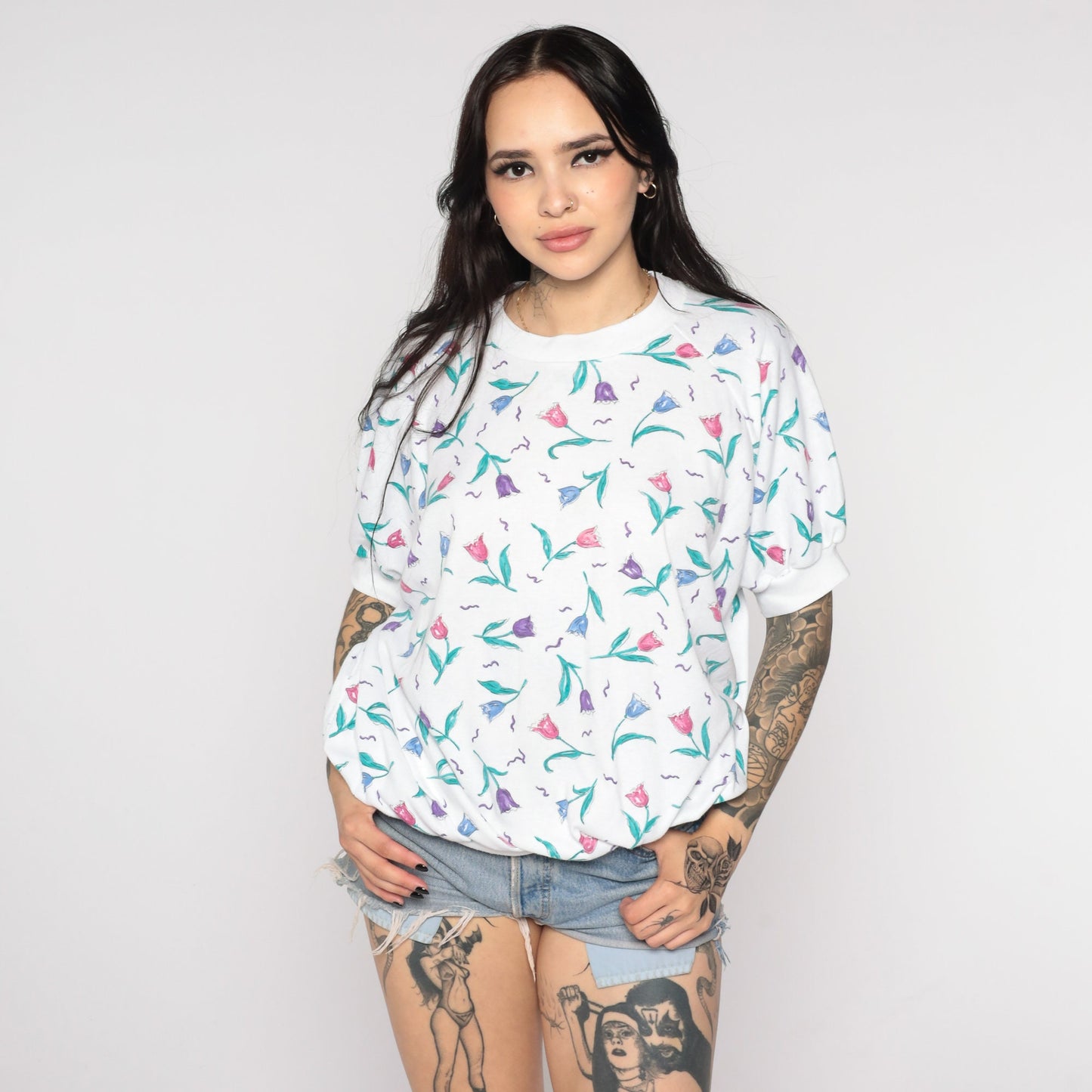 80s White Floral Print Top Banded Hem Short Sleeve Plus Size XXL