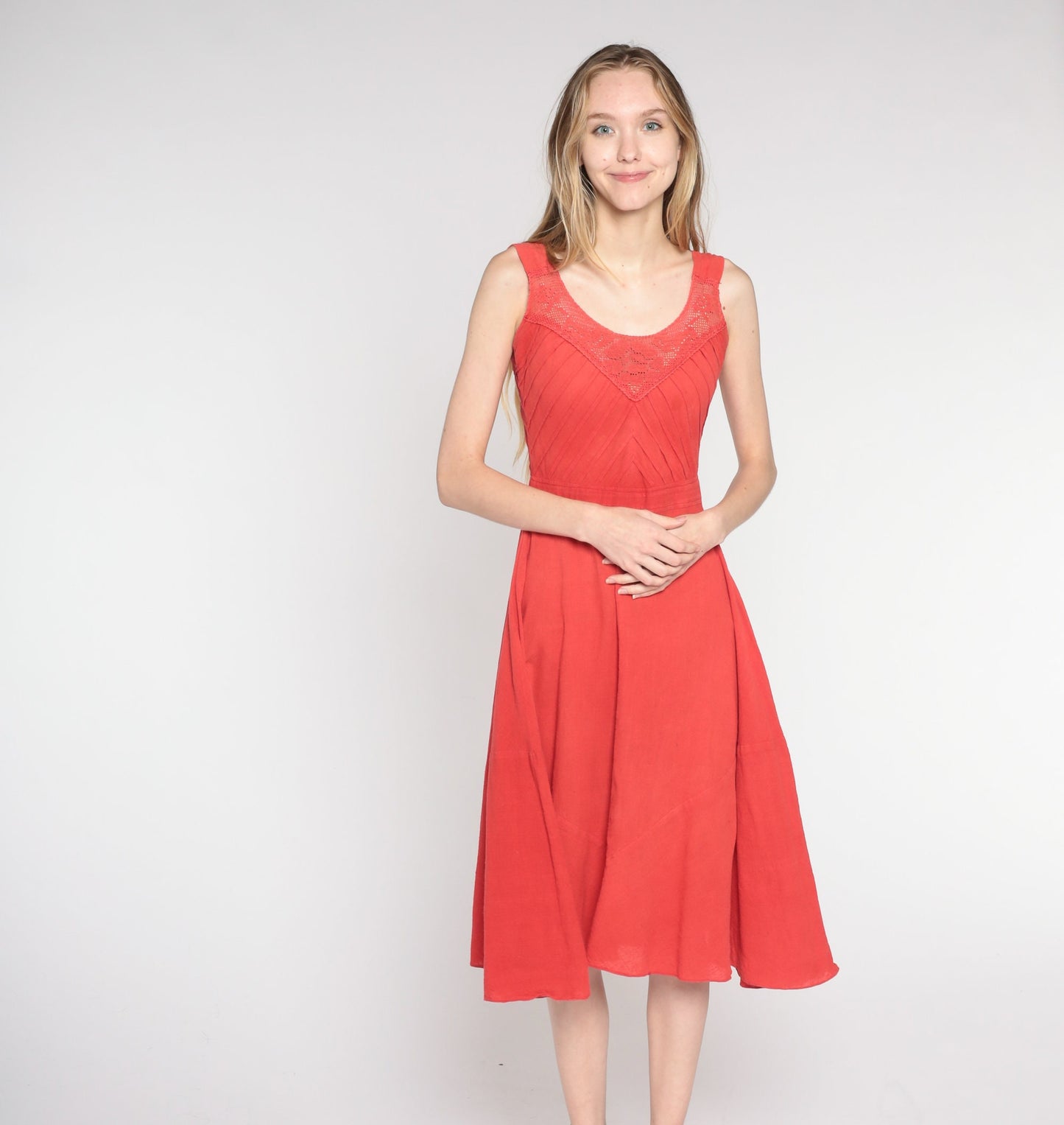 1970s Red Midi Sundress Crochet Trim High Waist Pintuck Cotton Small