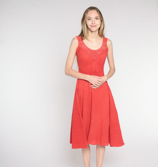 1970s Red Midi Sundress Crochet Trim High Waist Pintuck Cotton Small