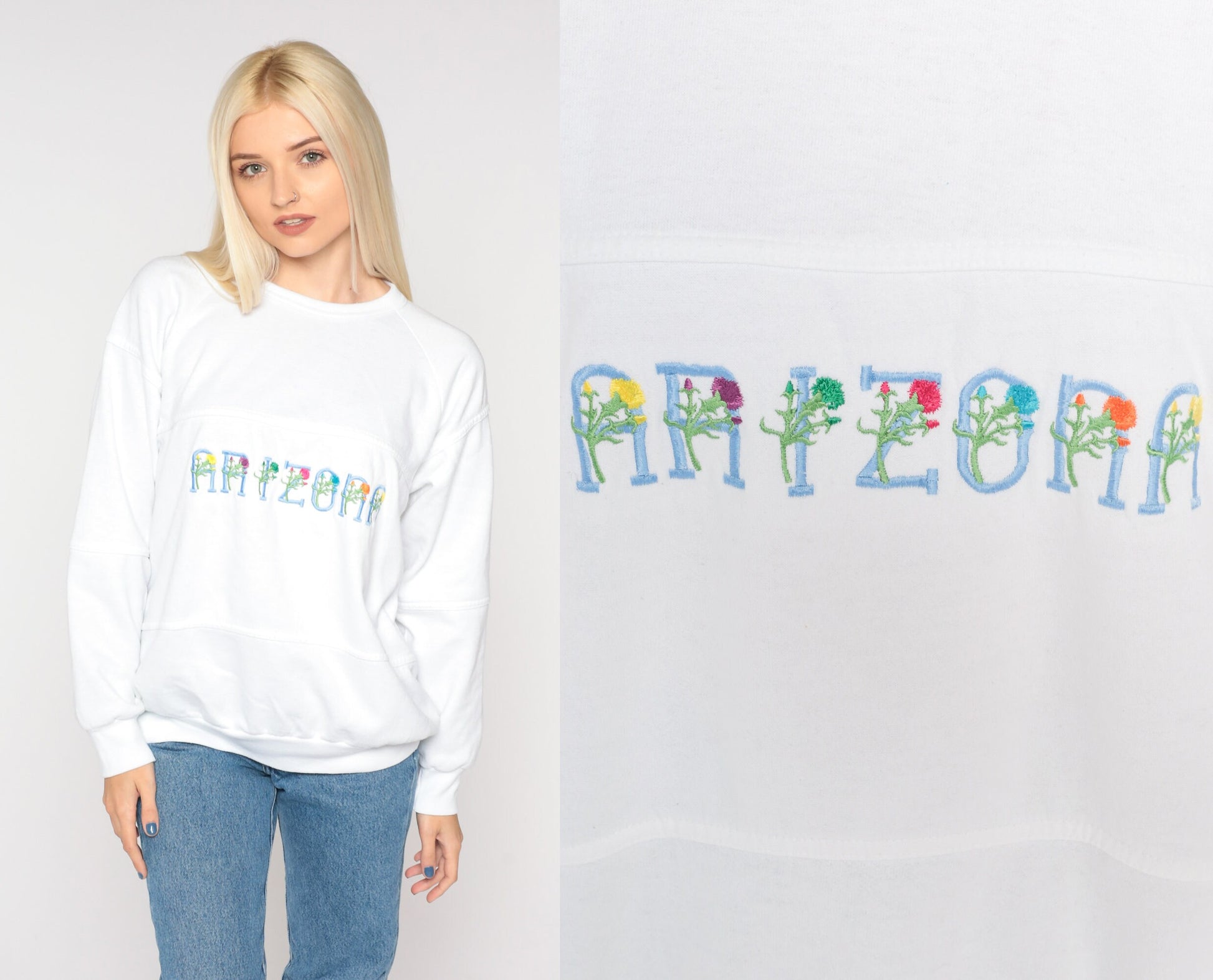 90s Arizona Floral Embroidered Sweatshirt White Raglan Crewneck Large L
