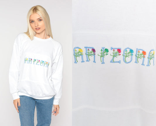 90s Arizona Floral Embroidered Sweatshirt White Raglan Crewneck Large L