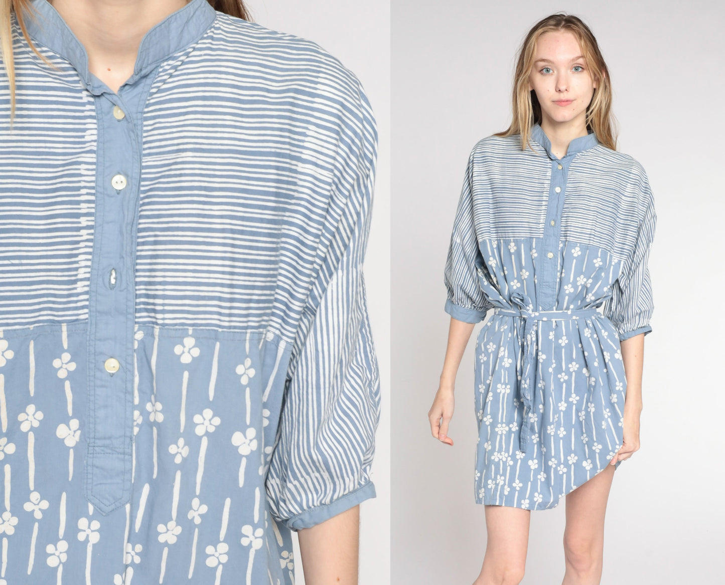 80s Striped Floral Shirtdress Blue Button-Up Mini Cotton Extra Large