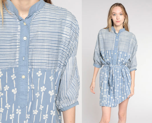 80s Striped Floral Shirtdress Blue Button-Up Mini Cotton Extra Large