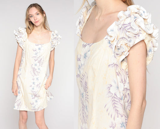 80s Floral Print Mini Dress White Ruffled Shift Short Sleeve Medium