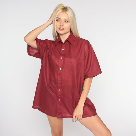 70s Red Button-Up Shirt Short Sleeve Collared Disco Top Large L