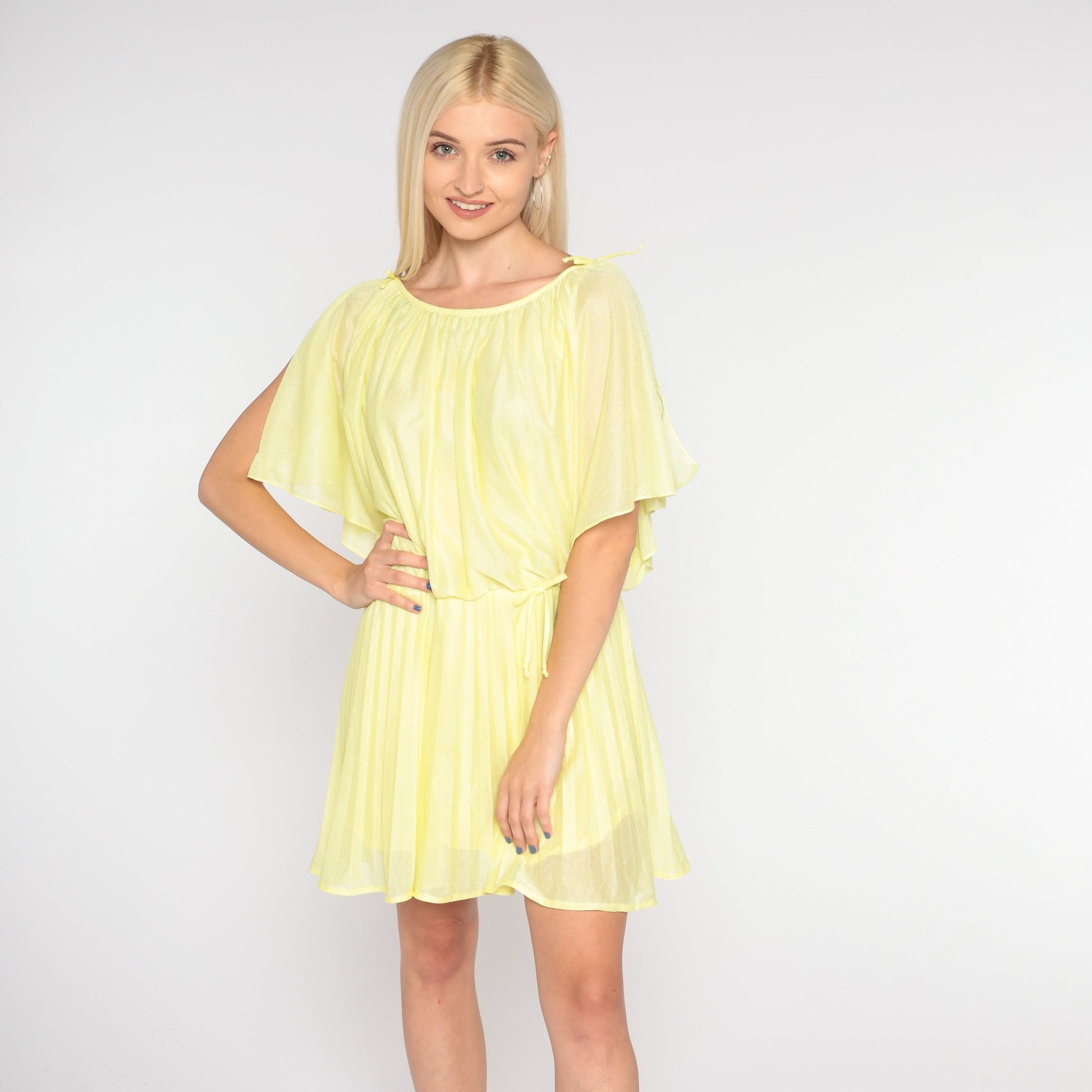 70s Yellow Mini Dress Pleated High Waist Draped Slit Sleeve Small Medium