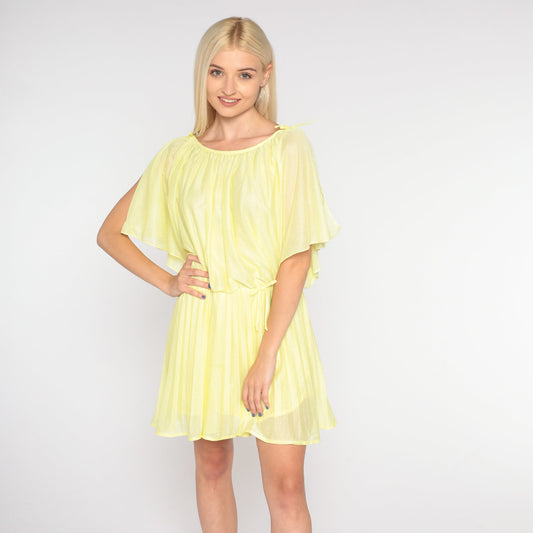 70s Yellow Mini Dress Pleated High Waist Draped Slit Sleeve Small Medium