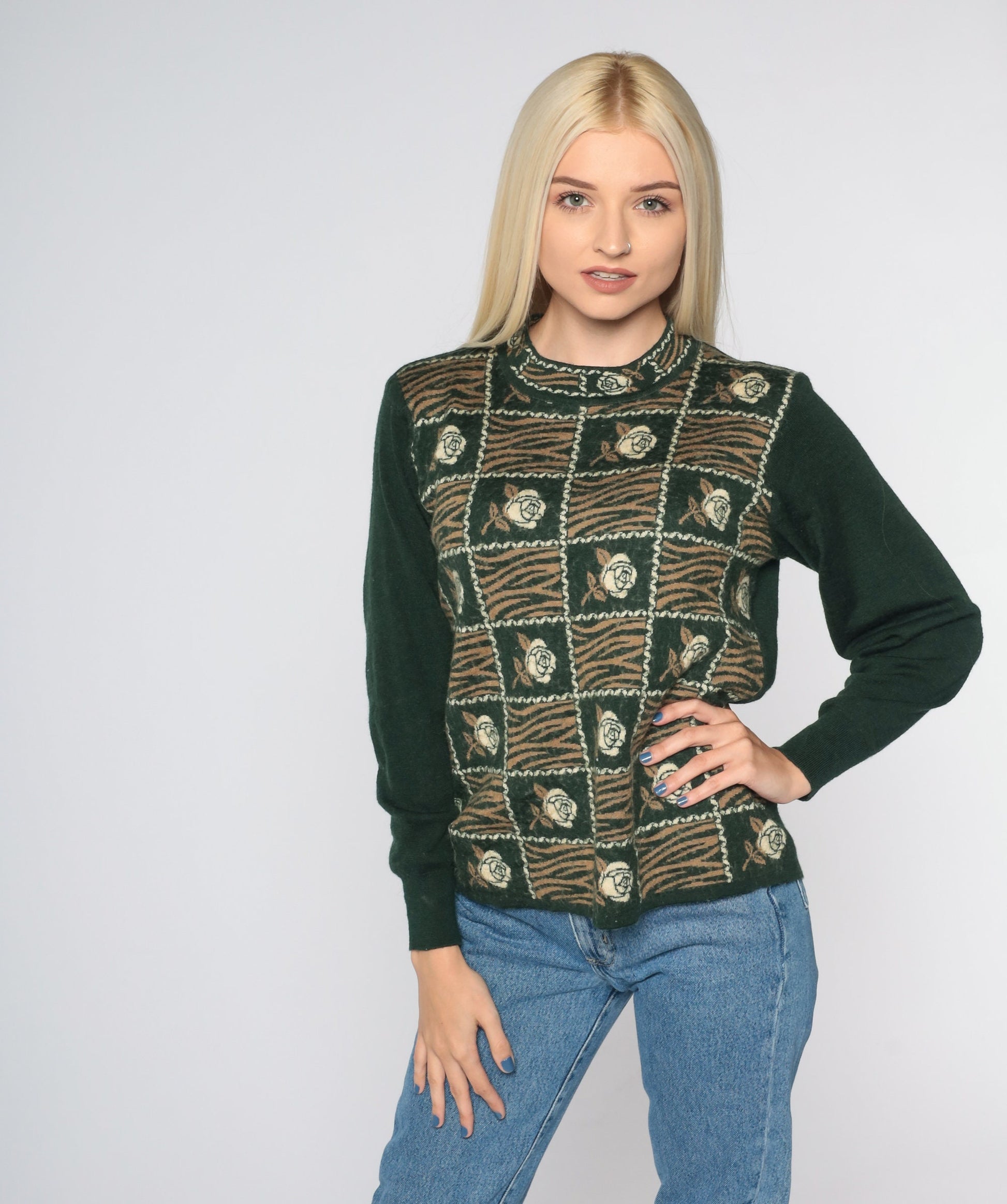 80s Dark Green Floral Striped Angora Blend Sweater Crewneck Small