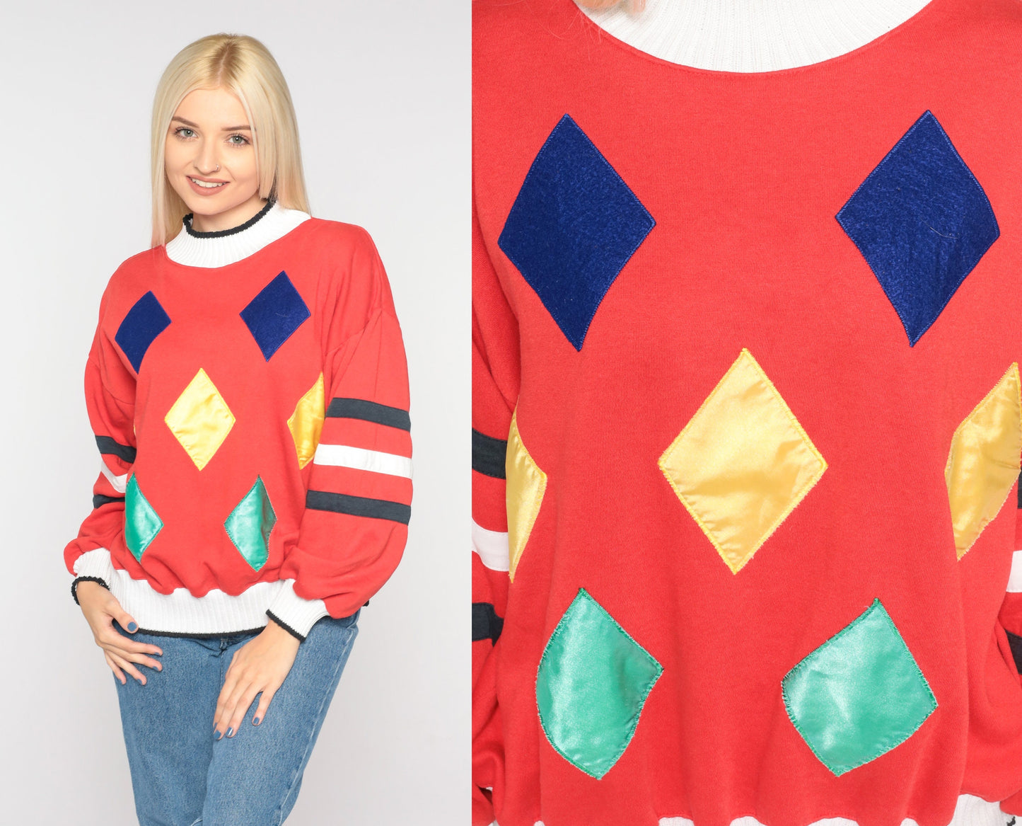 90s Diamond Print Red Sweatshirt Crewneck Geometric Pullover Small S