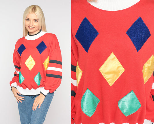 90s Diamond Print Red Sweatshirt Crewneck Geometric Pullover Small S