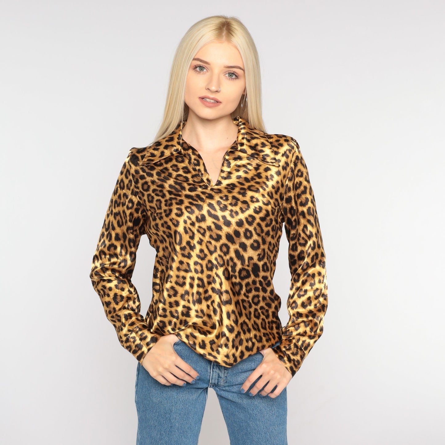 90s Leopard Print Blouse Pointed Collar Long Sleeve Small