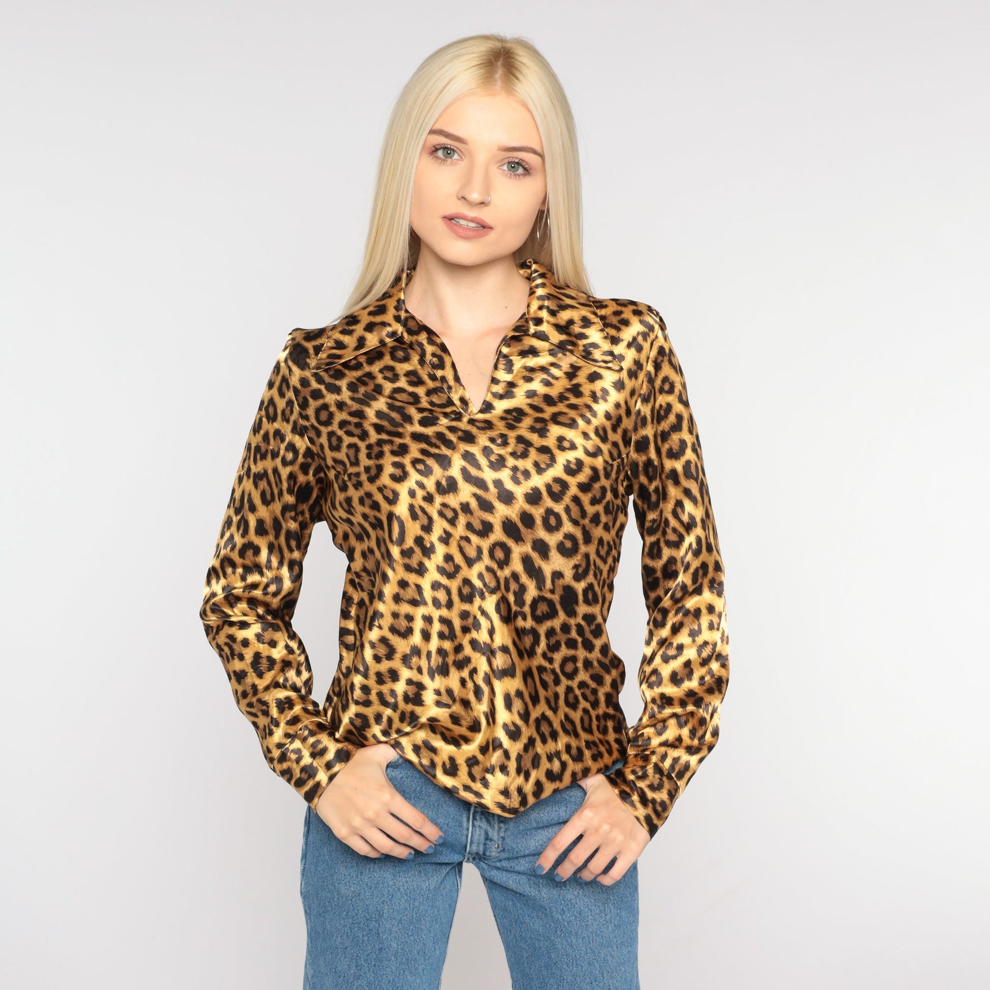 90s Leopard Print Blouse Pointed Collar Long Sleeve Small