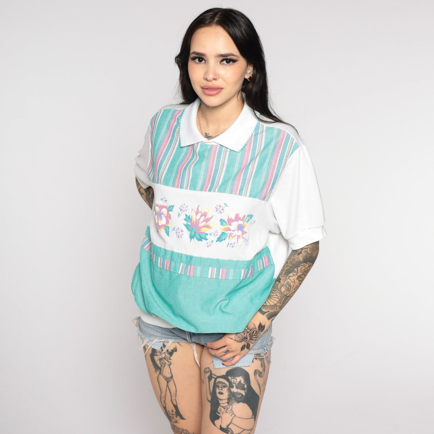 80s Floral Colour Block Striped Shirt Green White Short Sleeve Extra Large XL