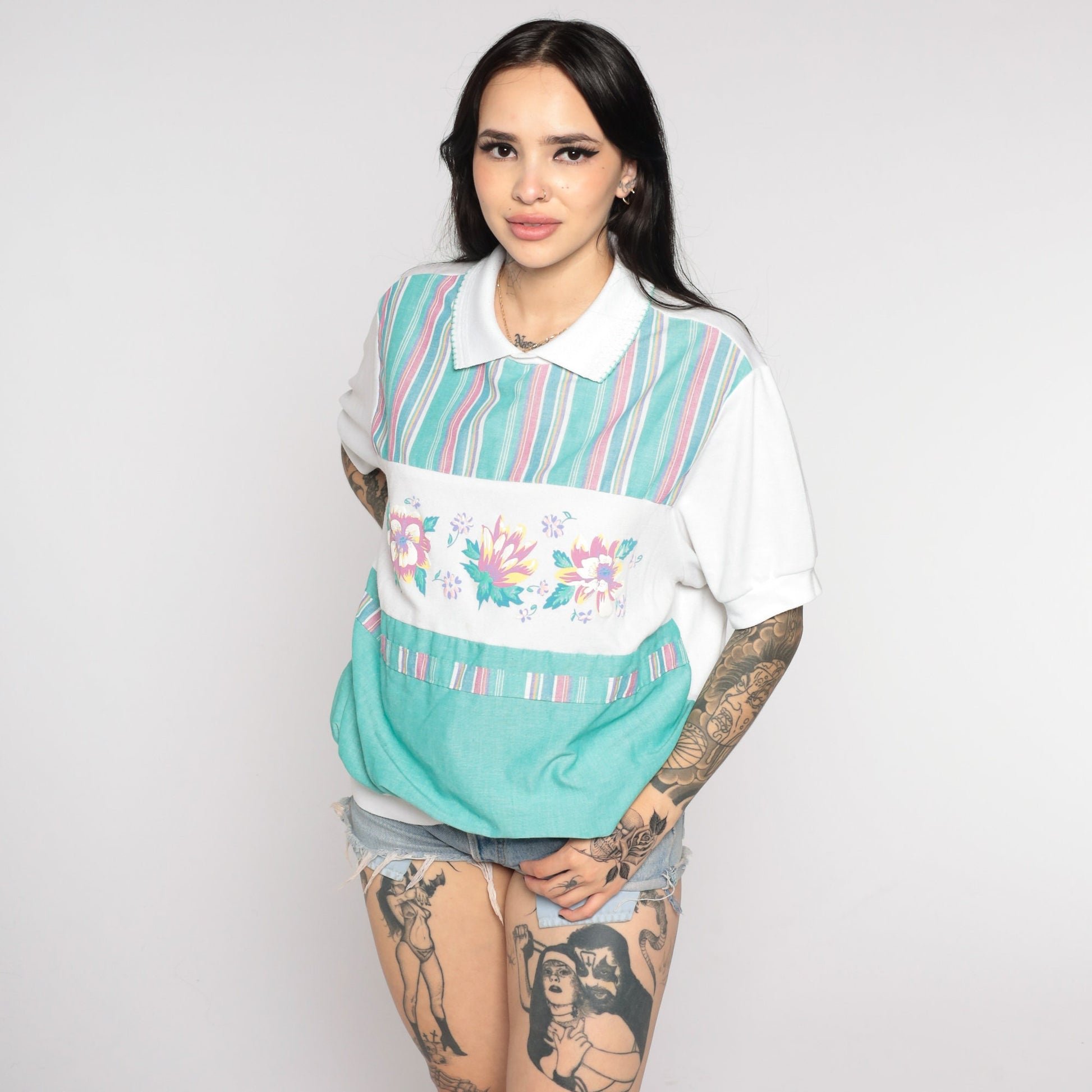 80s Floral Colour Block Striped Shirt Green White Short Sleeve Extra Large XL