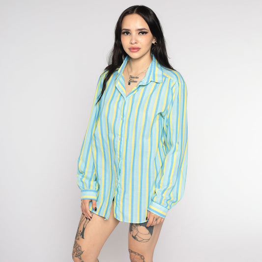 80s Blue & Yellow Striped Button-Up Blouse Notched Collar Long Sleeve Medium