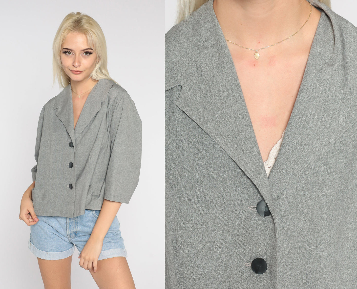 70s Grey Blazer Wide 3/4 Sleeve Button-Up Tailored Jacket Large L