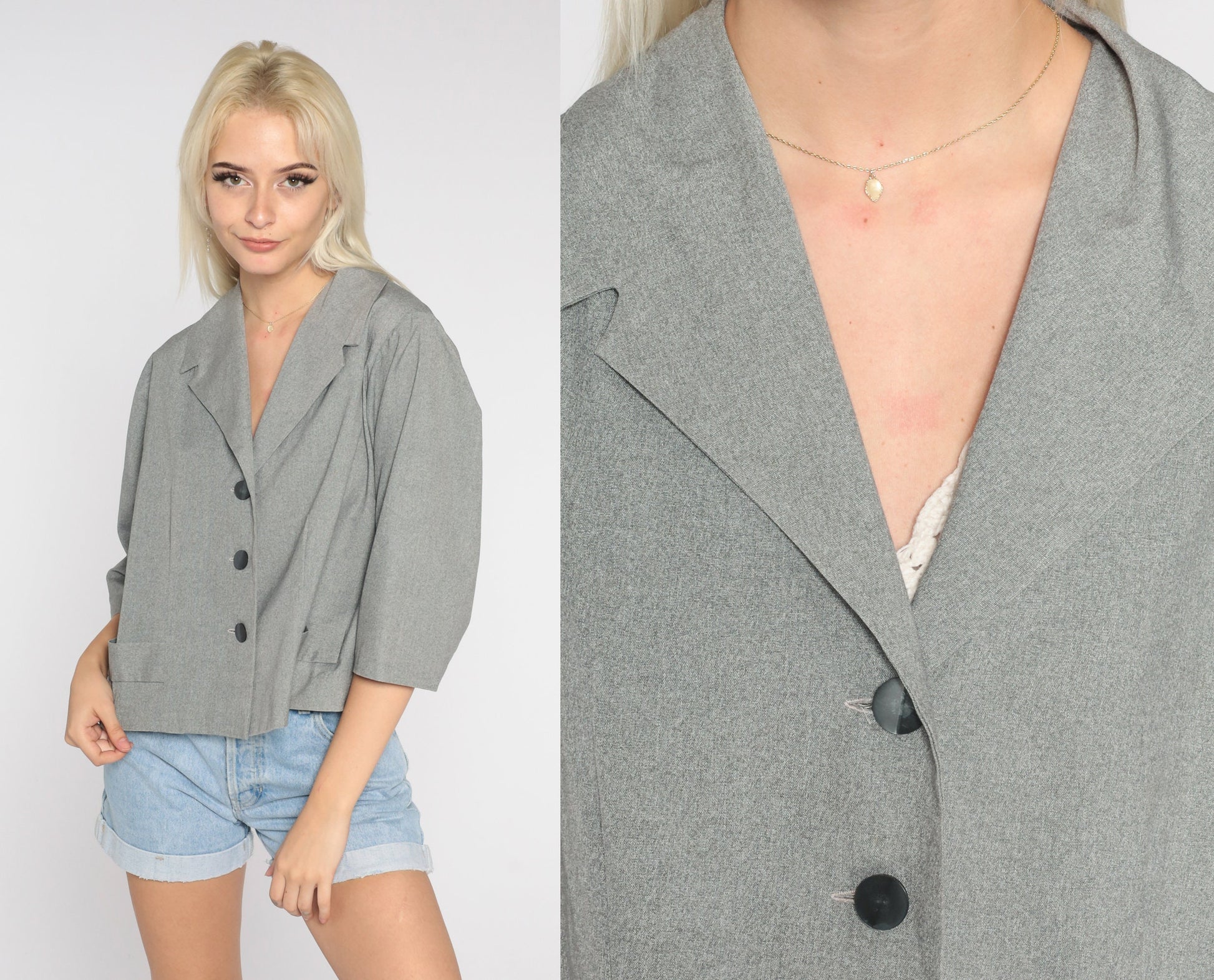 70s Grey Blazer Wide 3/4 Sleeve Button-Up Tailored Jacket Large L