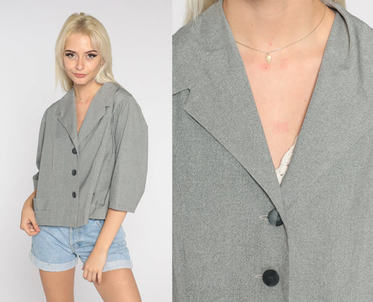 70s Grey Blazer Wide 3/4 Sleeve Button-Up Tailored Jacket Large L