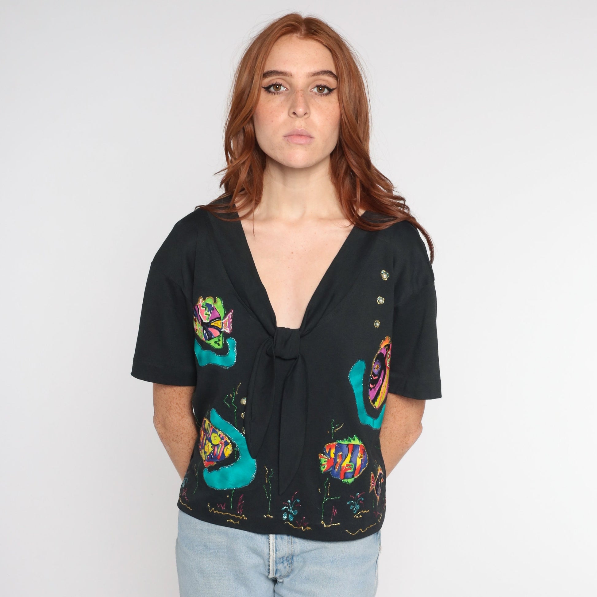 90s Black Tropical Fish Ascot Blouse Glitter Pearls Short Sleeve Large L