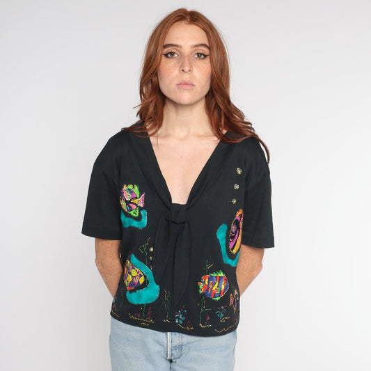 90s Black Tropical Fish Ascot Blouse Glitter Pearls Short Sleeve Large L