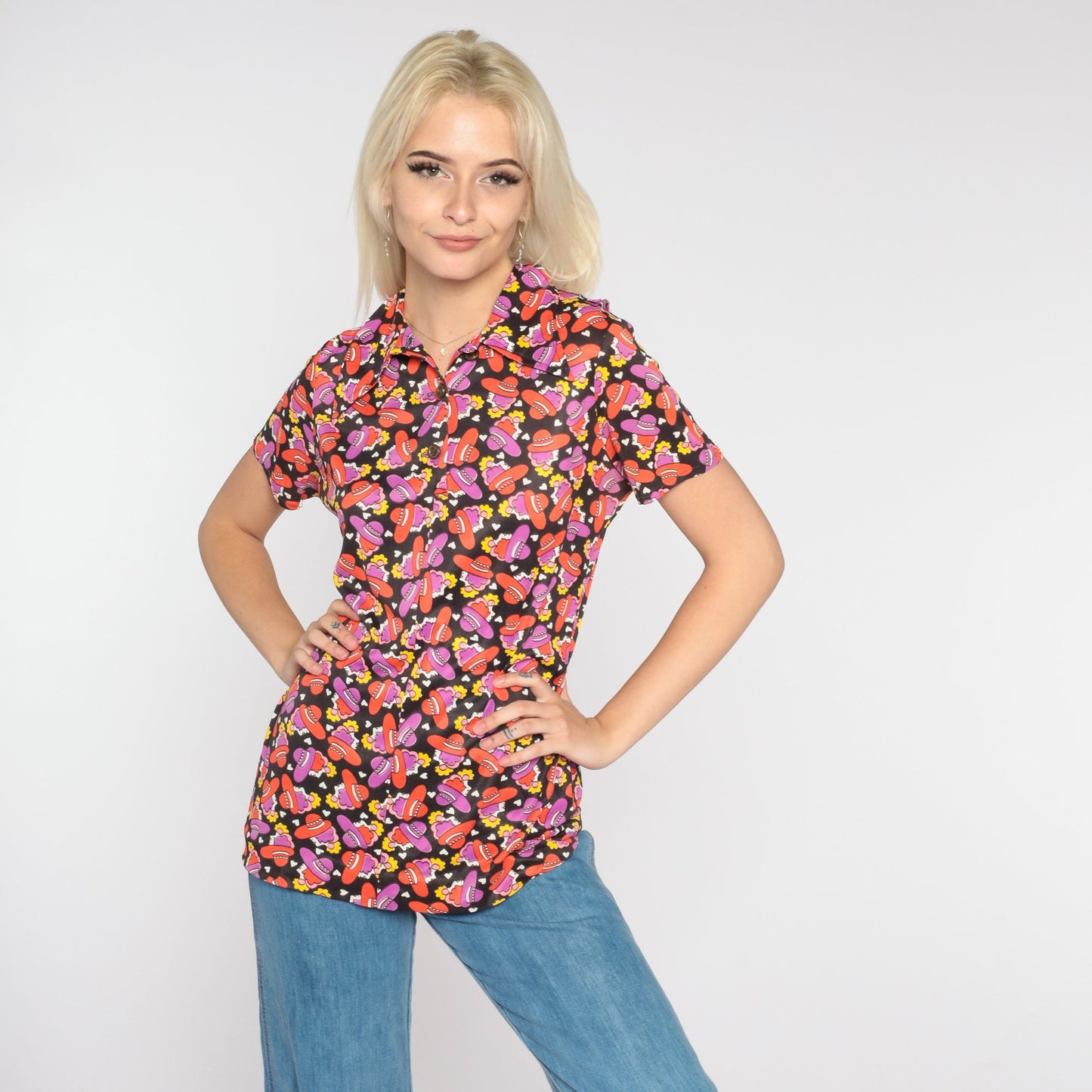 70s Disco Blouse Black Dagger Collar Heart Hat Print Short Sleeve Small Medium