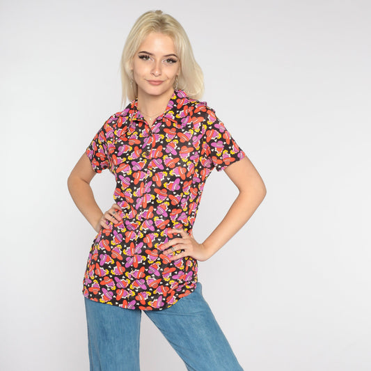 70s Disco Blouse Black Dagger Collar Heart Hat Print Short Sleeve Small Medium