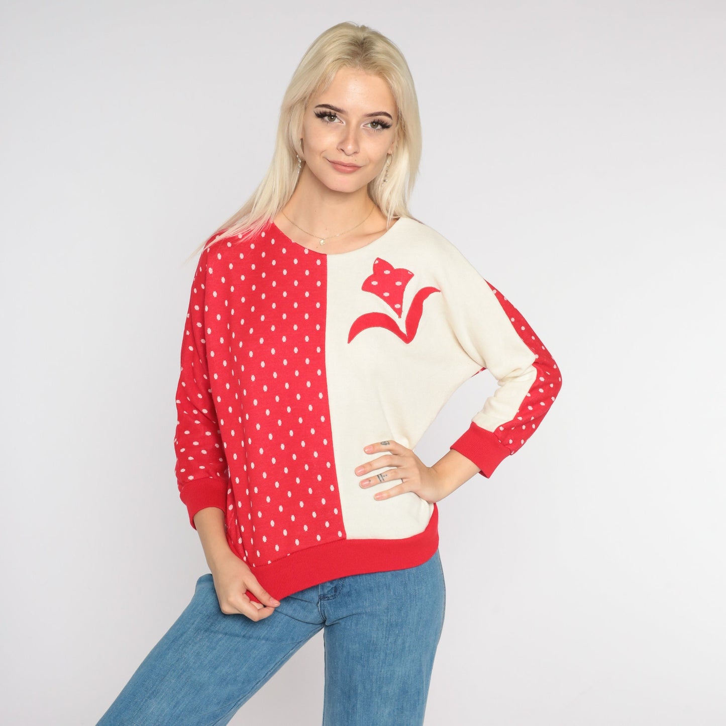 80s Red Polka Dot Sweatshirt Cream Floral Appliqué Pullover Small