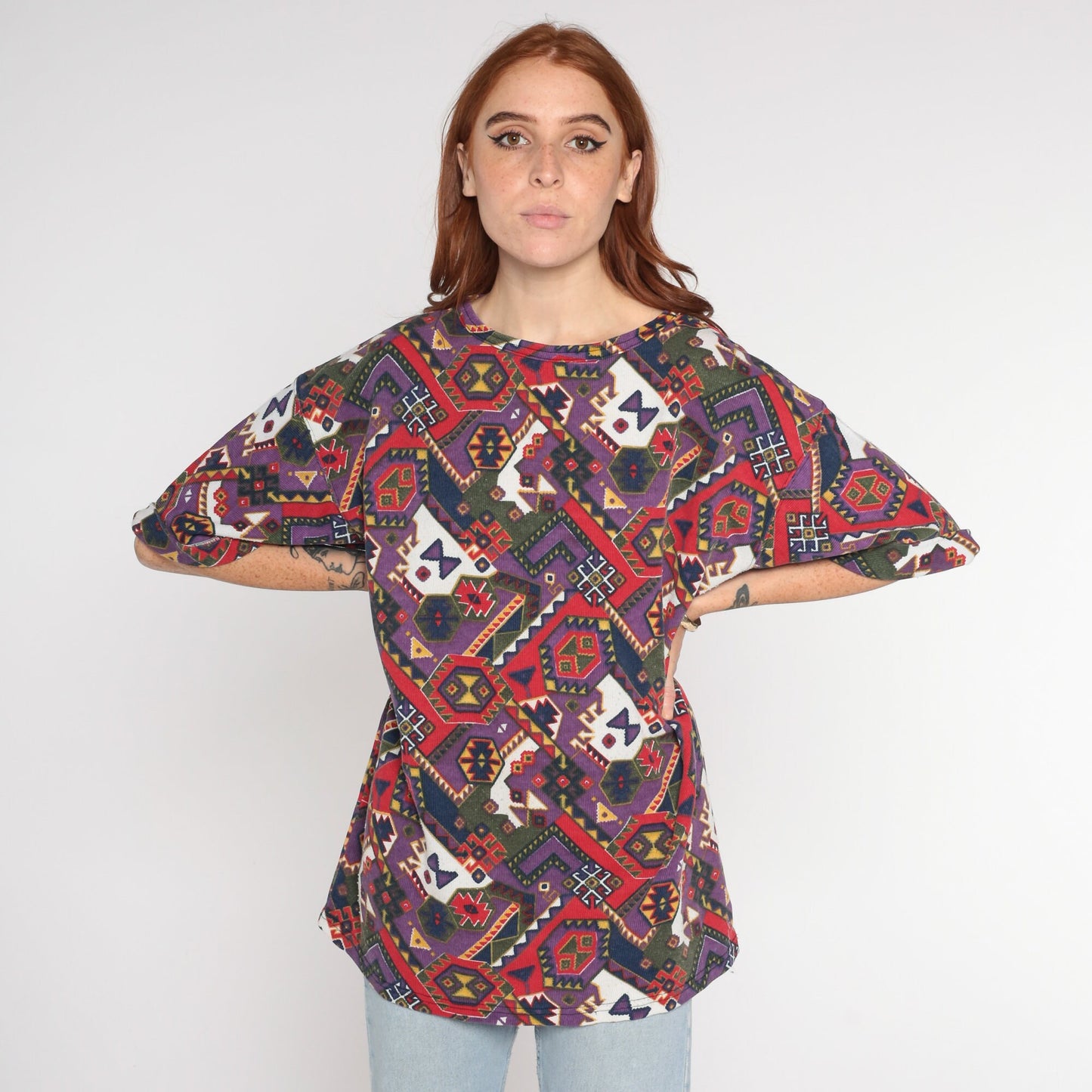 90s Southwestern Graphic T-Shirt Purple Aztec Print Extra Large XL
