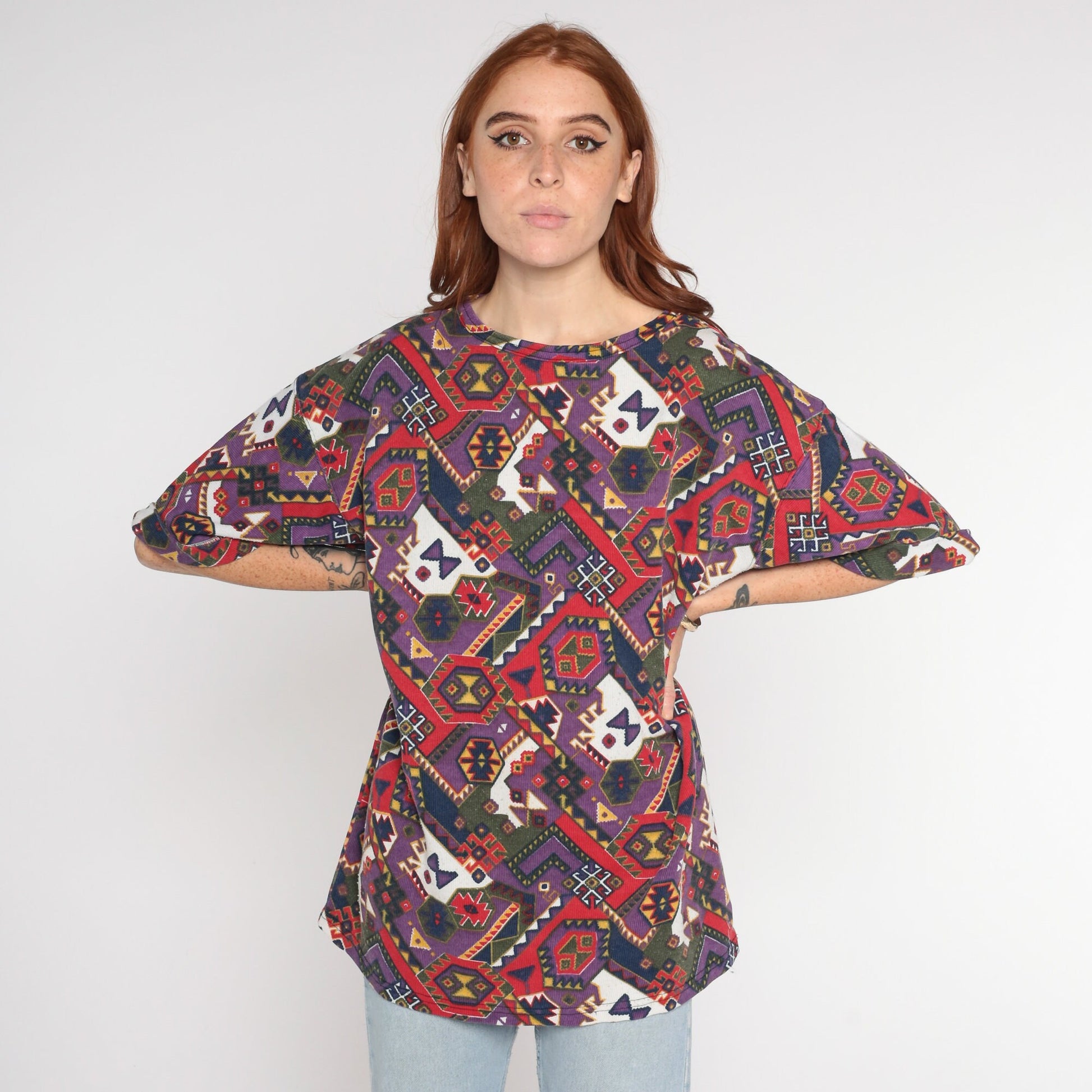 90s Southwestern Graphic T-Shirt Purple Aztec Print Extra Large XL